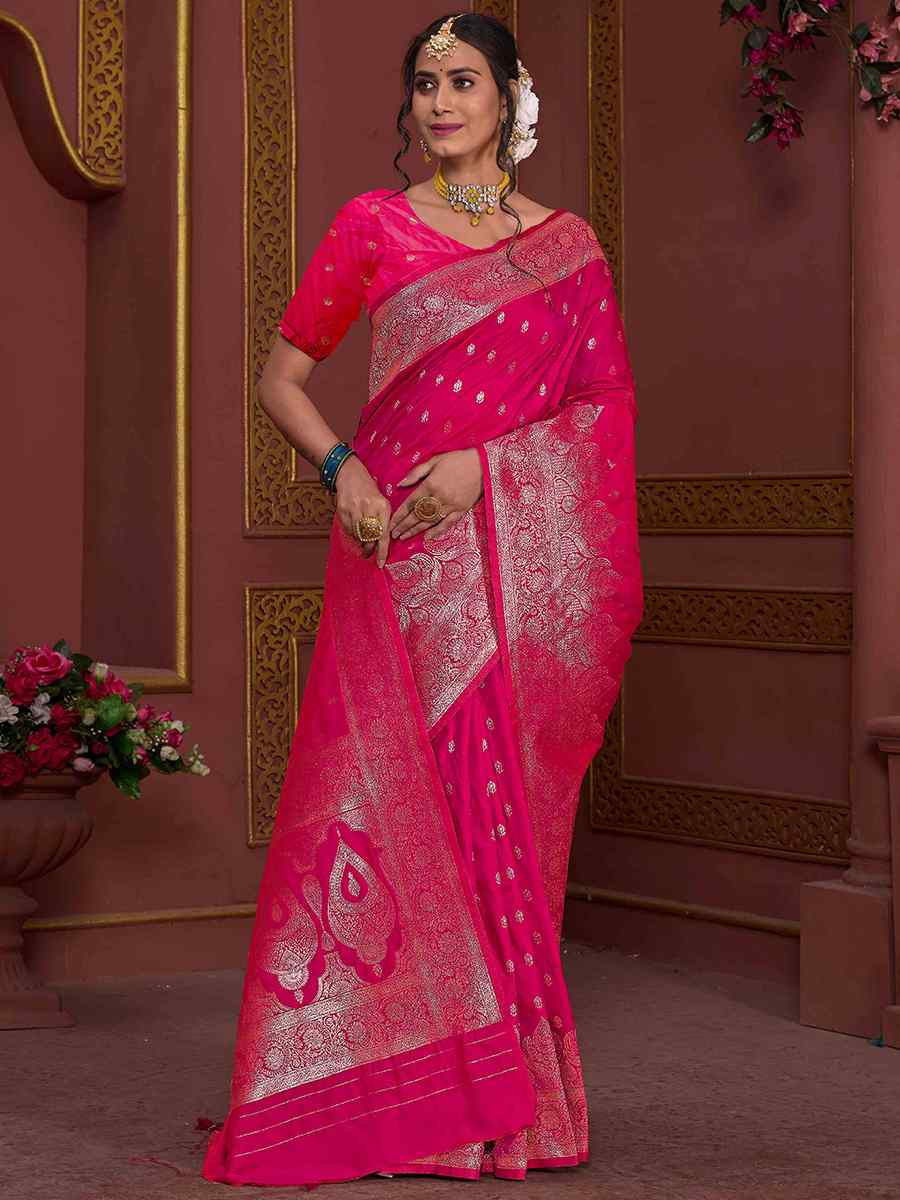 Rani Pink Soft Silk Handwoven Festival Wedding Fancy Heavy Border Saree