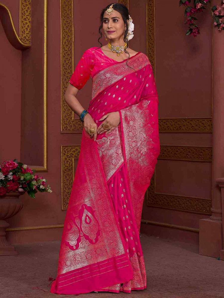Rani Pink Soft Silk Handwoven Festival Wedding Fancy Heavy Border Saree