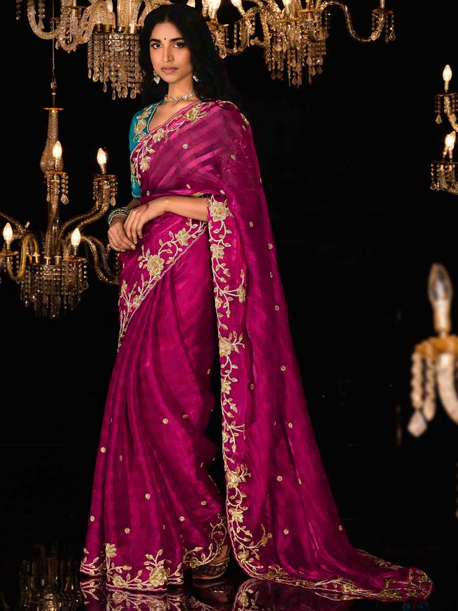 Rani Pink Stipe Shimmer Embroidered Wedding Festival Heavy Border Saree