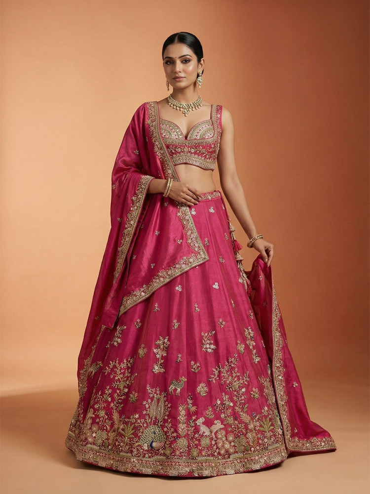 Image of Rani Pink Tissue Embroidery Zari Sequins Wedding Reception Party Wear Festival Heavy Border Lehenga Choli