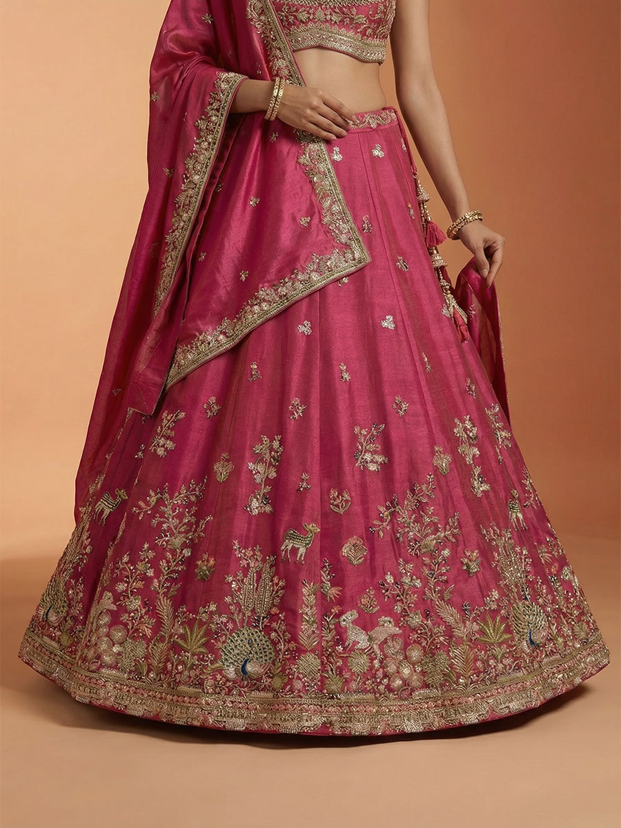 Rani Pink Tissue Embroidery Zari Sequins Wedding Reception Party Wear Festival Heavy Border Lehenga Choli