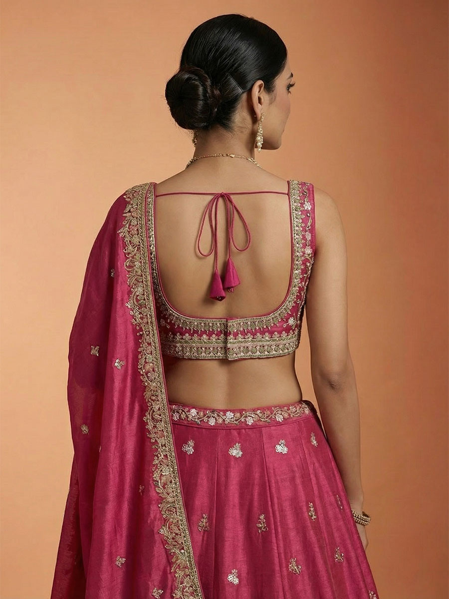 Rani Pink Tissue Embroidery Zari Sequins Wedding Reception Party Wear Festival Heavy Border Lehenga Choli