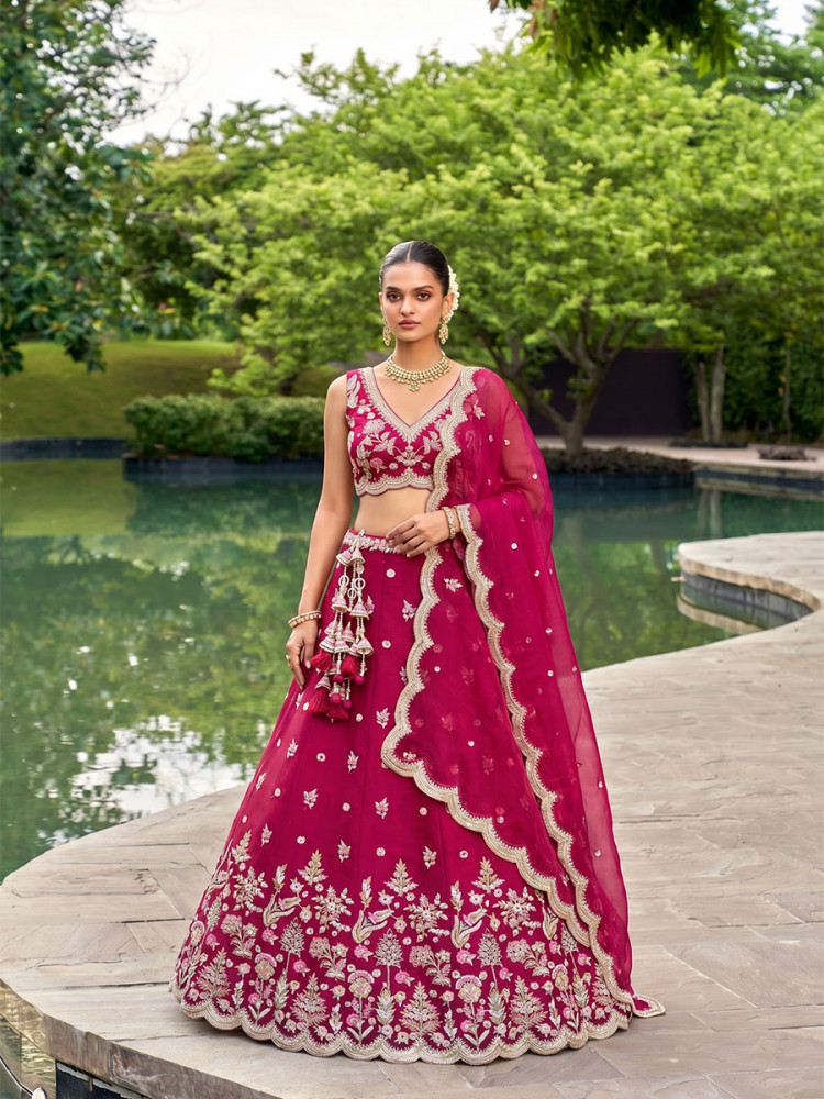 Image of Rani Pink Tissue Embroidery Zari Sequins Wedding Reception Party Wear Festival Heavy Border Lehenga Choli