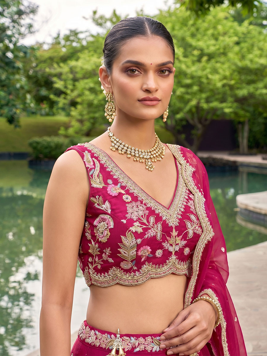 Rani Pink Tissue Embroidery Zari Sequins Wedding Reception Party Wear Festival Heavy Border Lehenga Choli