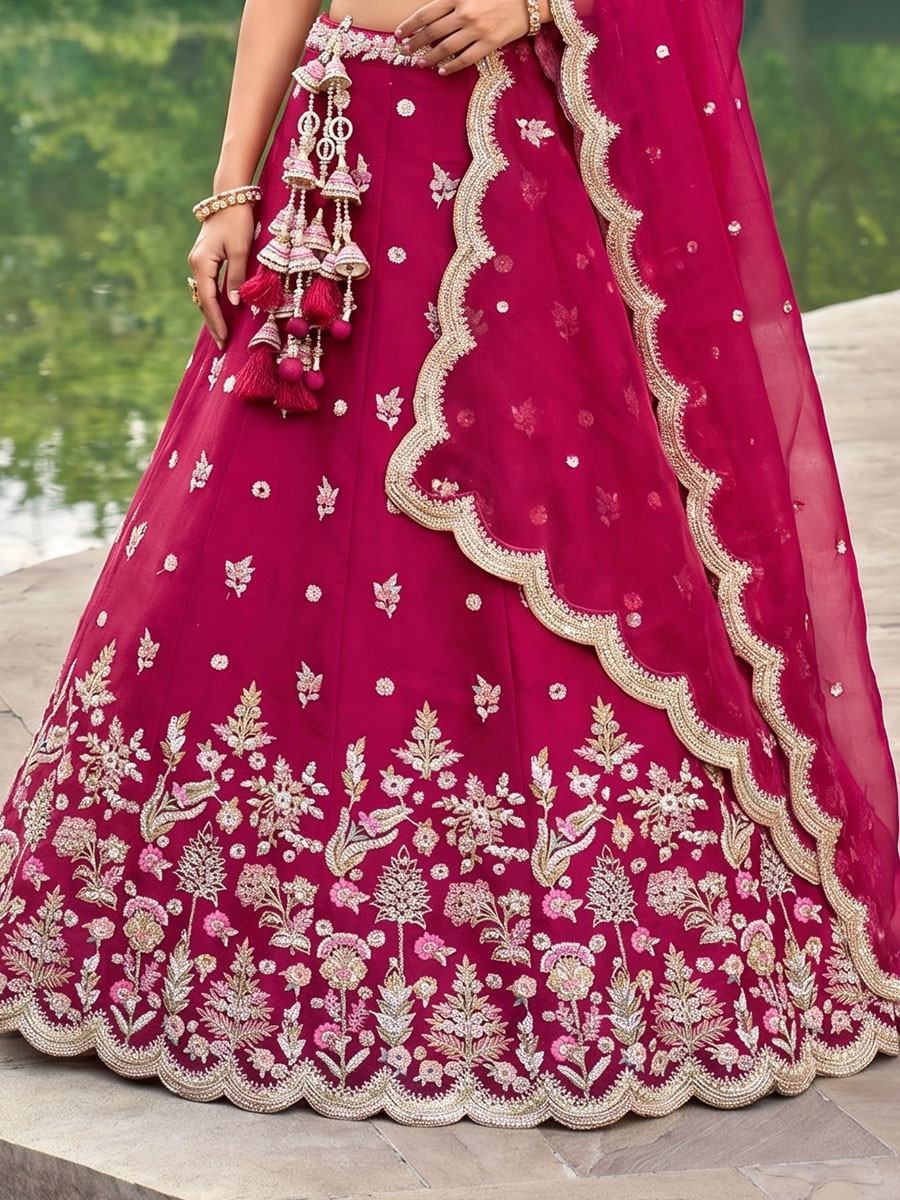 Rani Pink Tissue Embroidery Zari Sequins Wedding Reception Party Wear Festival Heavy Border Lehenga Choli