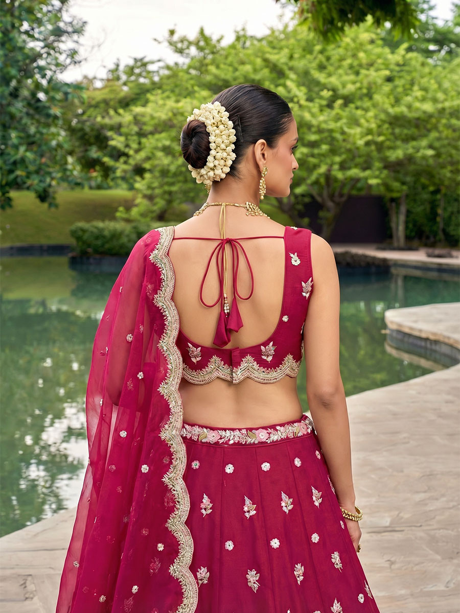 Rani Pink Tissue Embroidery Zari Sequins Wedding Reception Party Wear Festival Heavy Border Lehenga Choli