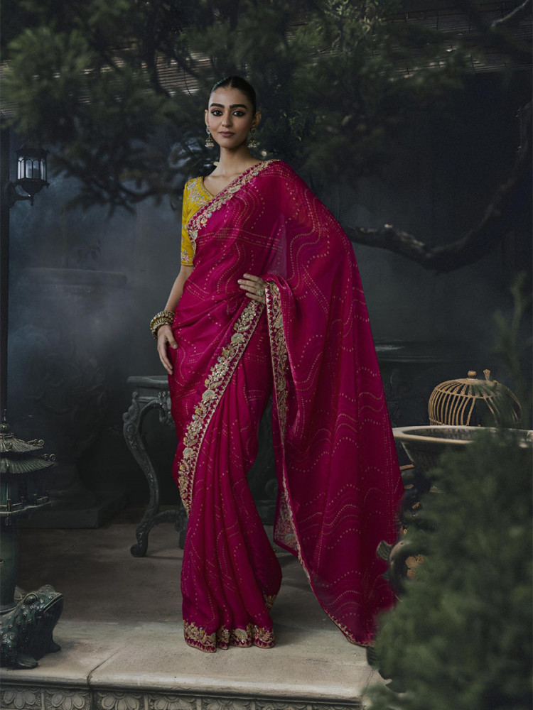 Image of Rani Pink Tissue Silk Embroidery Stone Work Sequins Wedding Reception Party Festival Casual Heavy Border Sarees