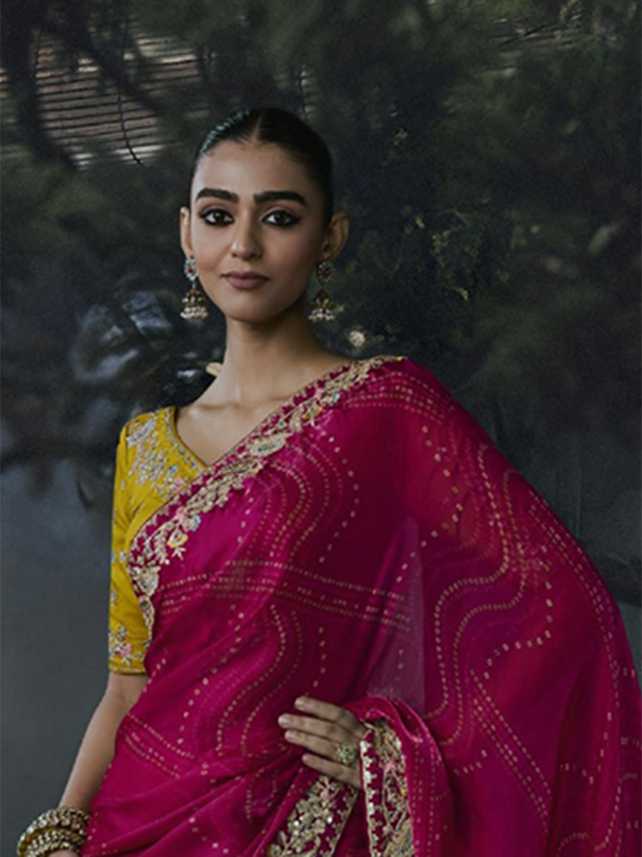 Rani Pink Tissue Silk Embroidery Stone Work Sequins Wedding Reception Party Festival Casual Heavy Border Sarees