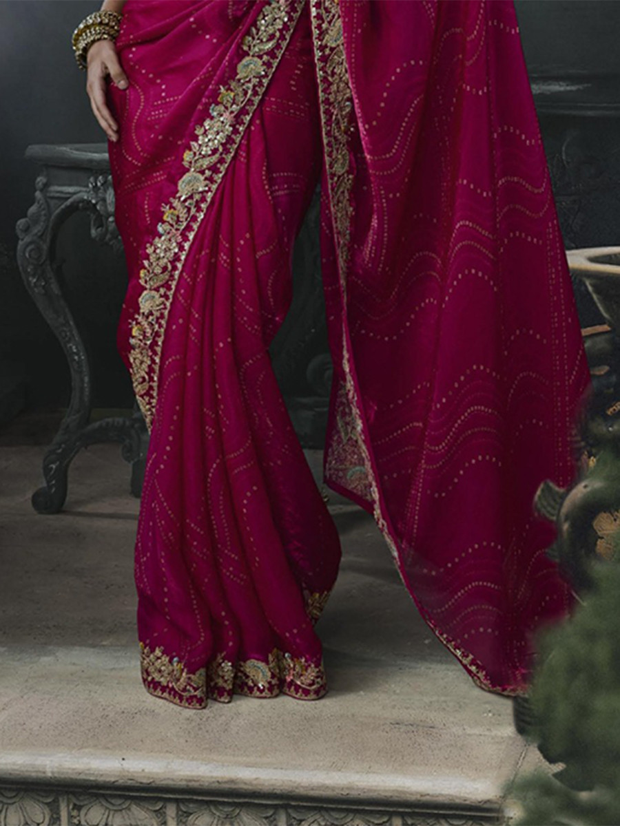 Rani Pink Tissue Silk Embroidery Stone Work Sequins Wedding Reception Party Festival Casual Heavy Border Sarees