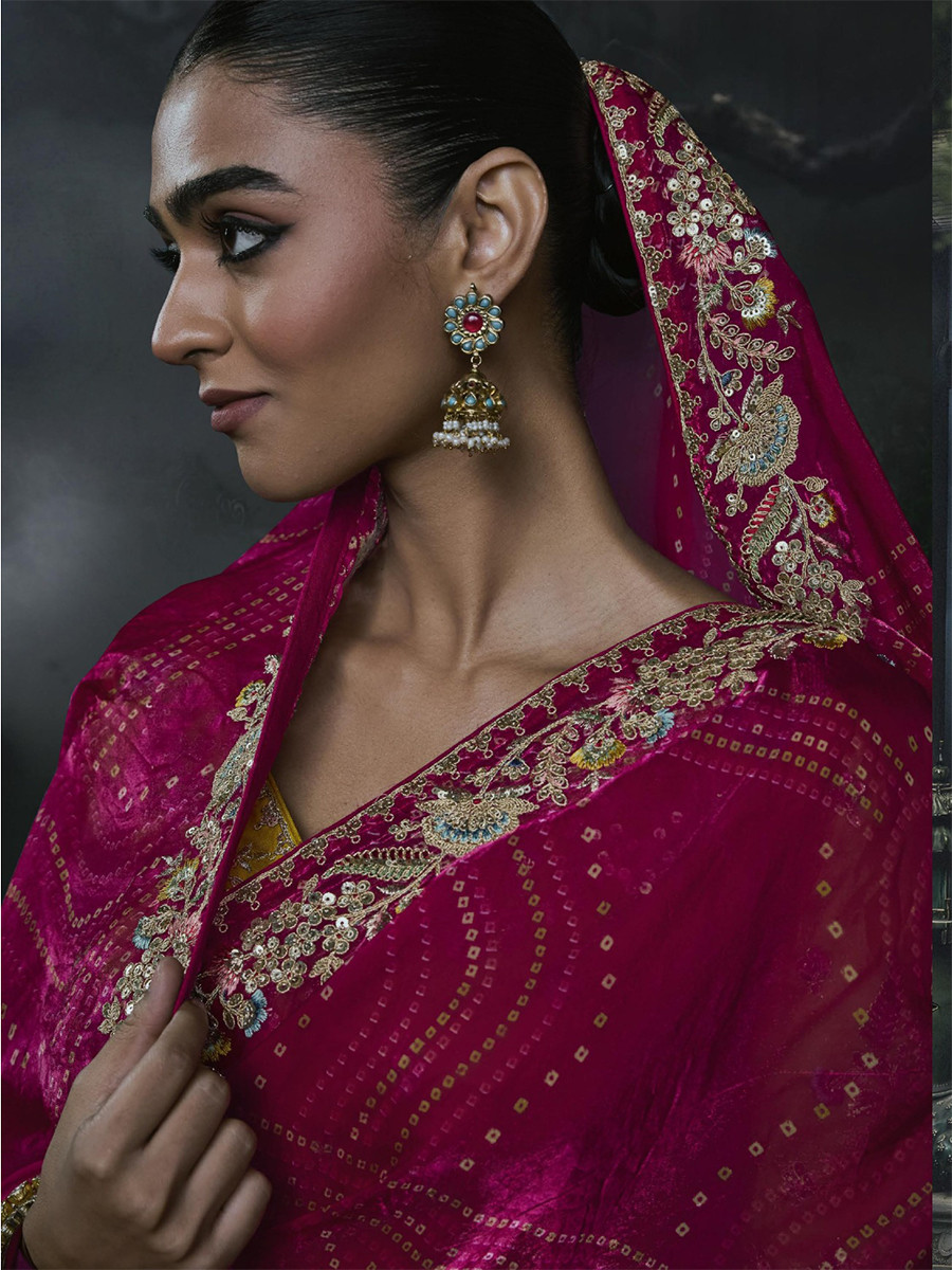 Rani Pink Tissue Silk Embroidery Stone Work Sequins Wedding Reception Party Festival Casual Heavy Border Sarees