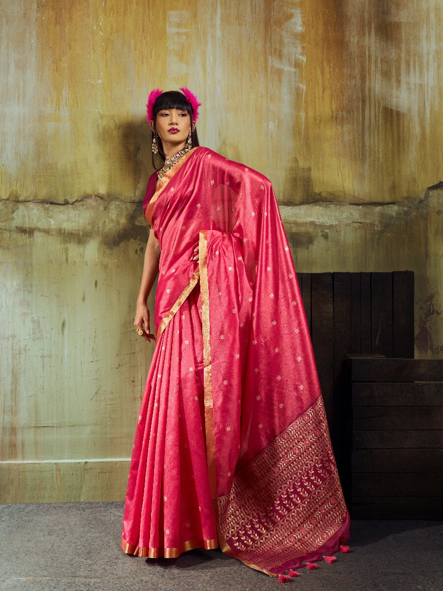 Rani Pink Tussar Silk Handwoven Weaving Wedding Reception Party Festival Heavy Border Sarees
