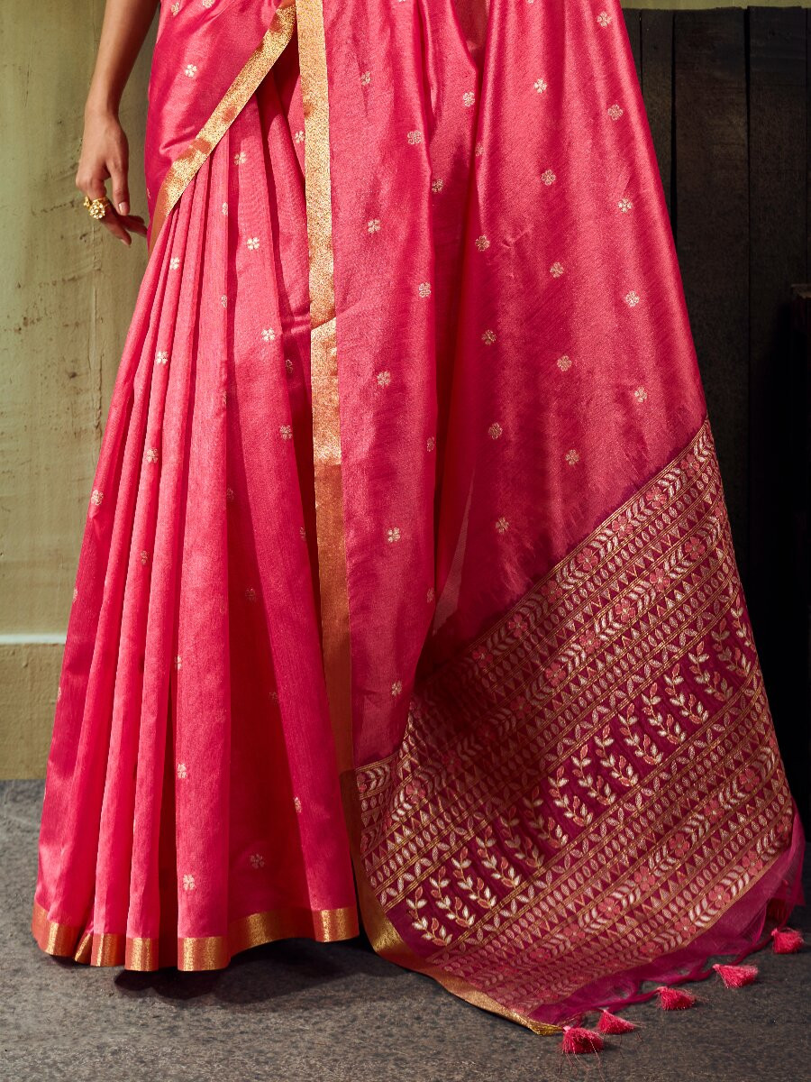 Rani Pink Tussar Silk Handwoven Weaving Wedding Reception Party Festival Heavy Border Sarees