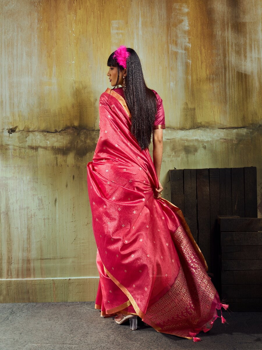 Rani Pink Tussar Silk Handwoven Weaving Wedding Reception Party Festival Heavy Border Sarees