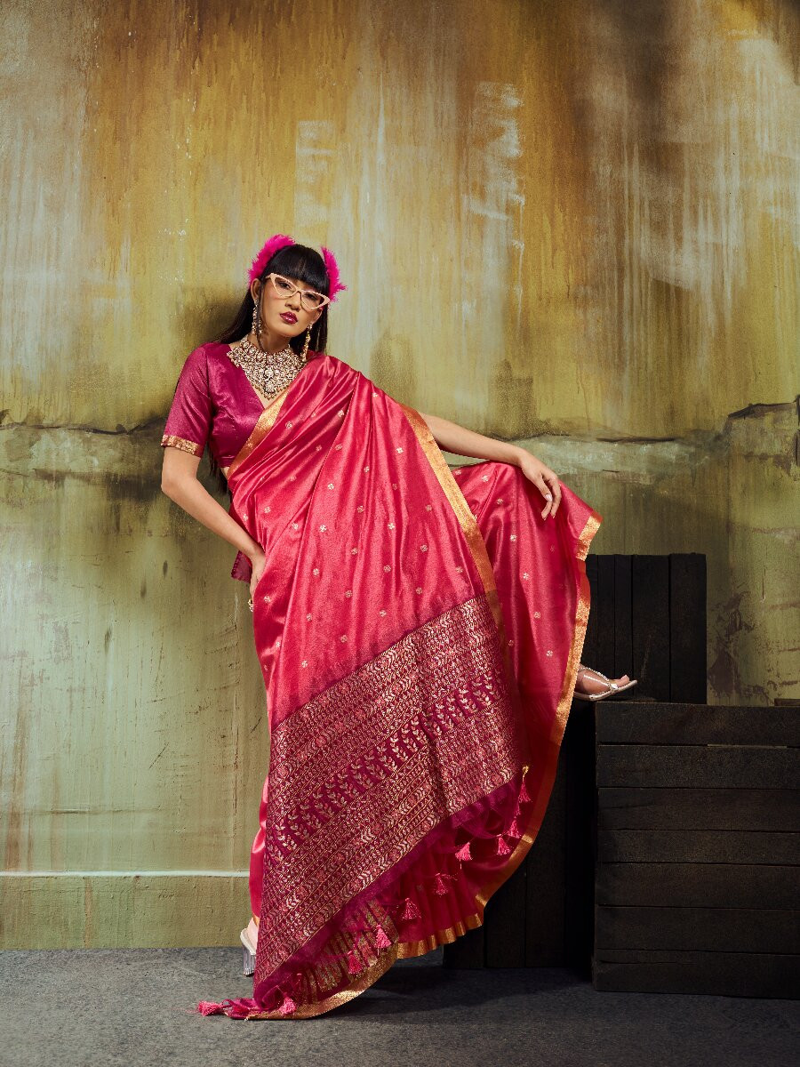 Rani Pink Tussar Silk Handwoven Weaving Wedding Reception Party Festival Heavy Border Sarees