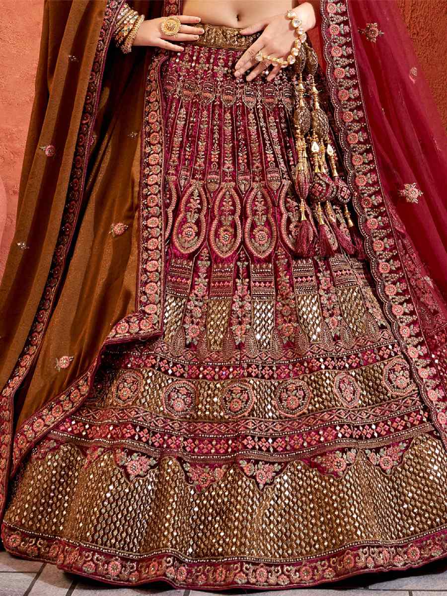 Rani Pink Velvet Embroidered Bridal Reception Heavy Border Lehenga Choli