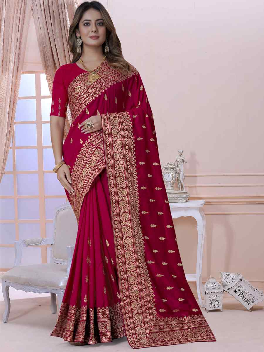 Rani Pink Vichitra Blooming Silk Embroidered Wedding Festival Heavy Border Saree