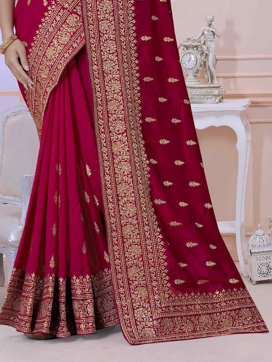Rani Pink Vichitra Blooming Silk Embroidered Wedding Festival Heavy Border Saree