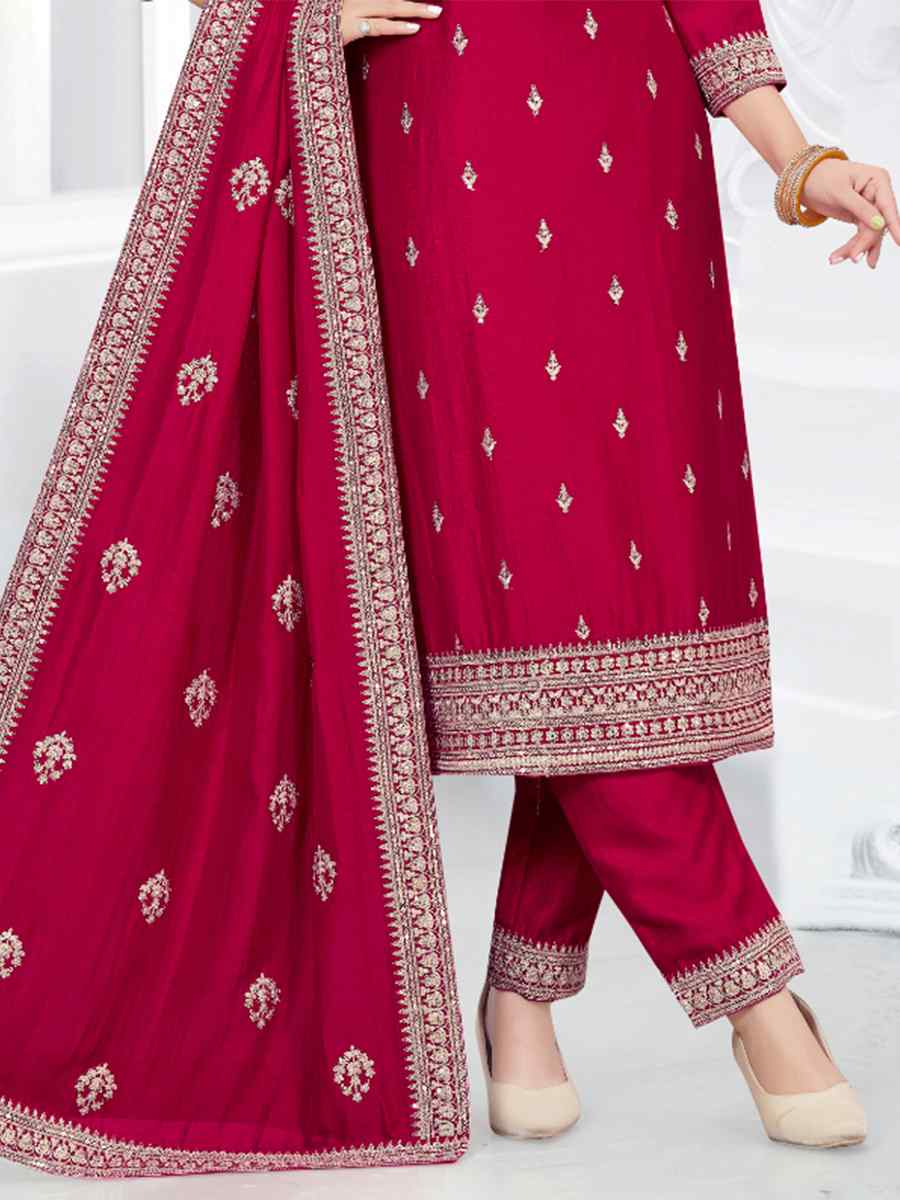 Rani Pink Vichitra Silk Embroidered Festival Wedding Ready Pant Salwar Kameez