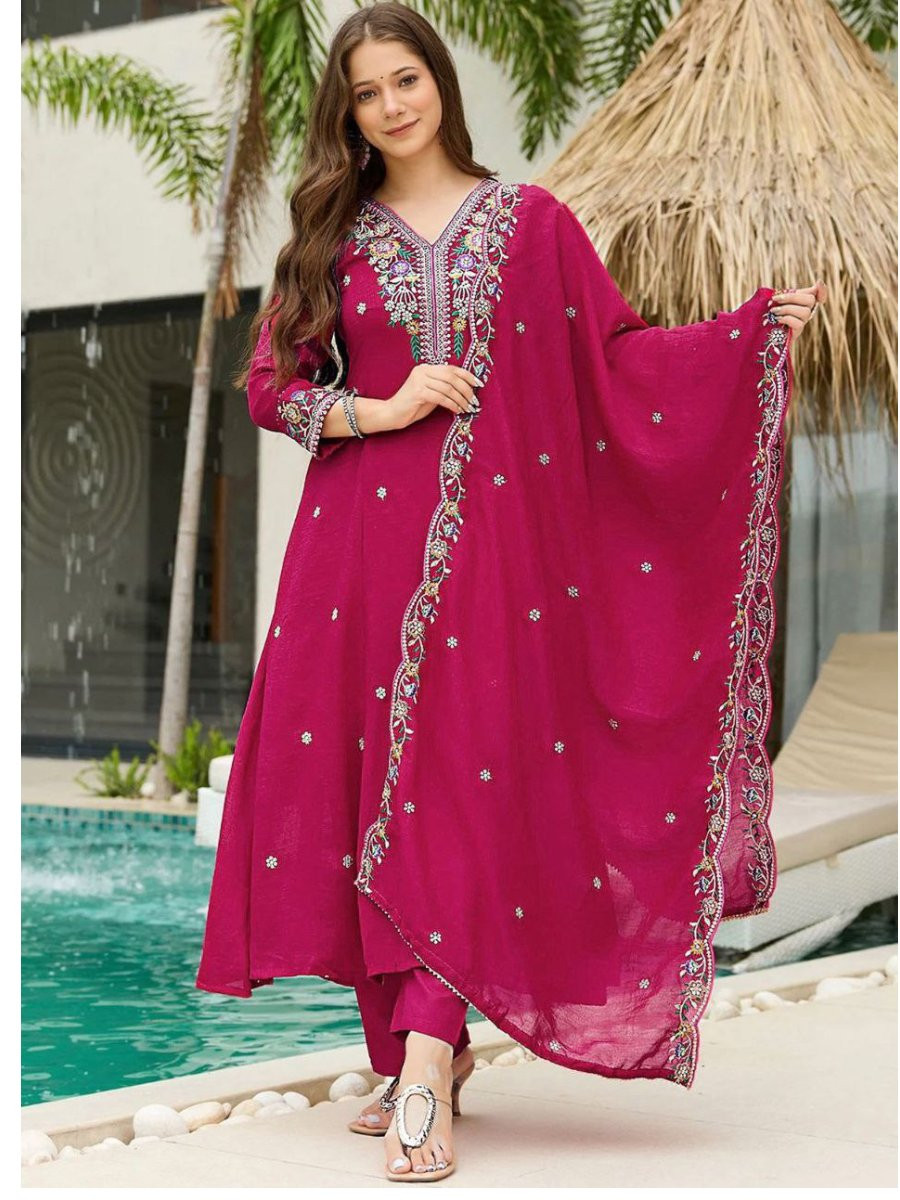 Rani Pink Vichitra Silk Embroidery Sequins Wedding Party Festival Casual Ready Pant Salwar Kameez