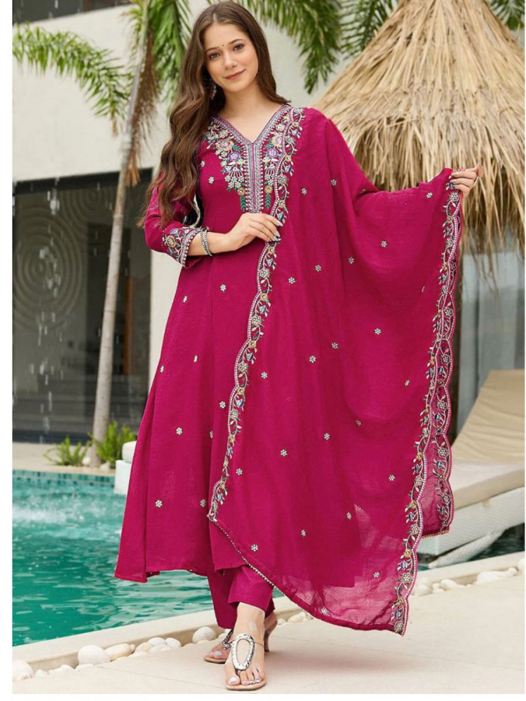 Image of Rani Pink Vichitra Silk Embroidery Sequins Wedding Party Festival Casual Ready Pant Salwar Kameez