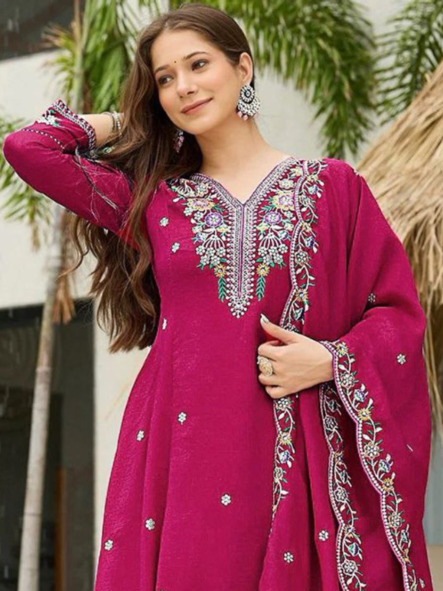 Rani Pink Vichitra Silk Embroidery Sequins Wedding Party Festival Casual Ready Pant Salwar Kameez