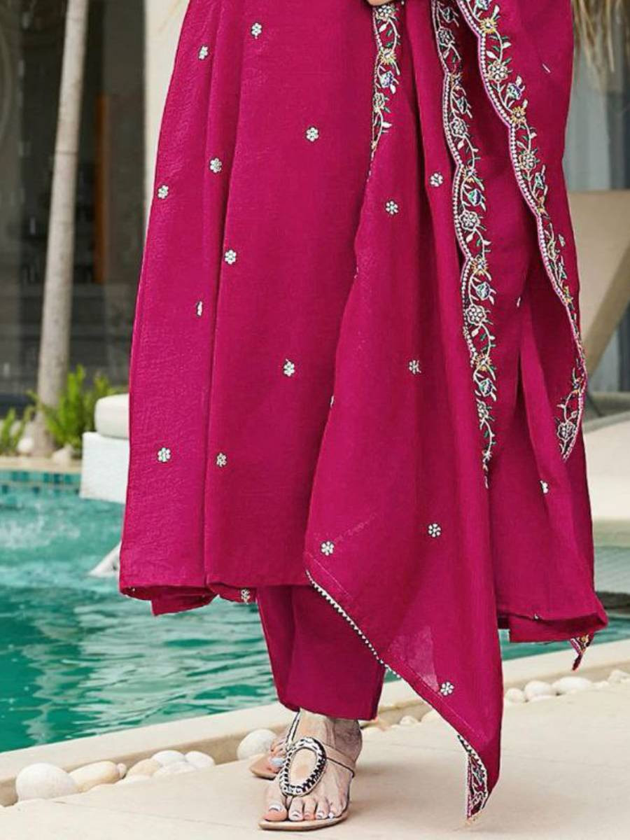 Rani Pink Vichitra Silk Embroidery Sequins Wedding Party Festival Casual Ready Pant Salwar Kameez