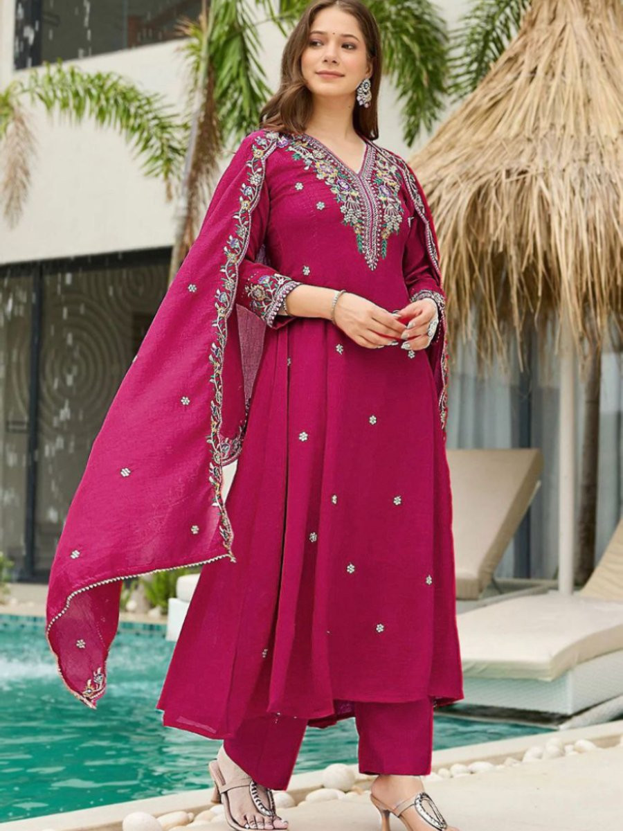Rani Pink Vichitra Silk Embroidery Sequins Wedding Party Festival Casual Ready Pant Salwar Kameez