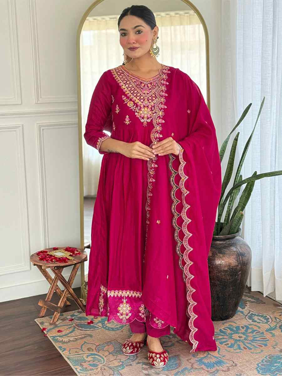 Rani Pink Vichitra Slik Embroidery Party Wedding Festival Casual Ready Pant Salwar Kameez
