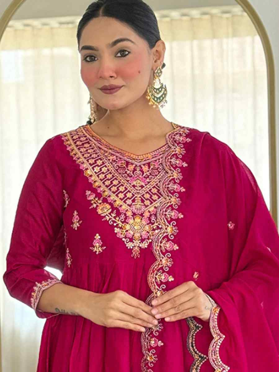 Rani Pink Vichitra Slik Embroidery Party Wedding Festival Casual Ready Pant Salwar Kameez