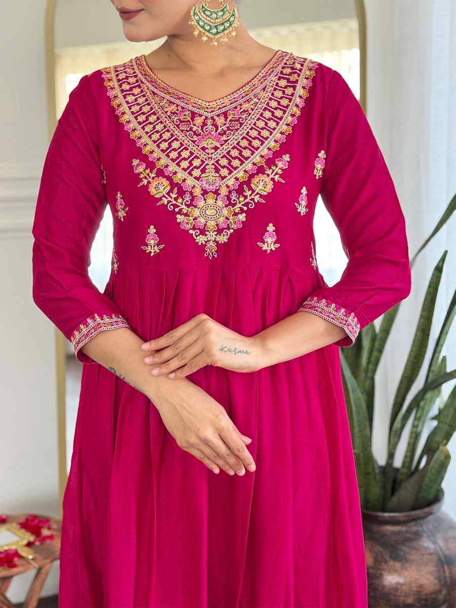 Rani Pink Vichitra Slik Embroidery Party Wedding Festival Casual Ready Pant Salwar Kameez