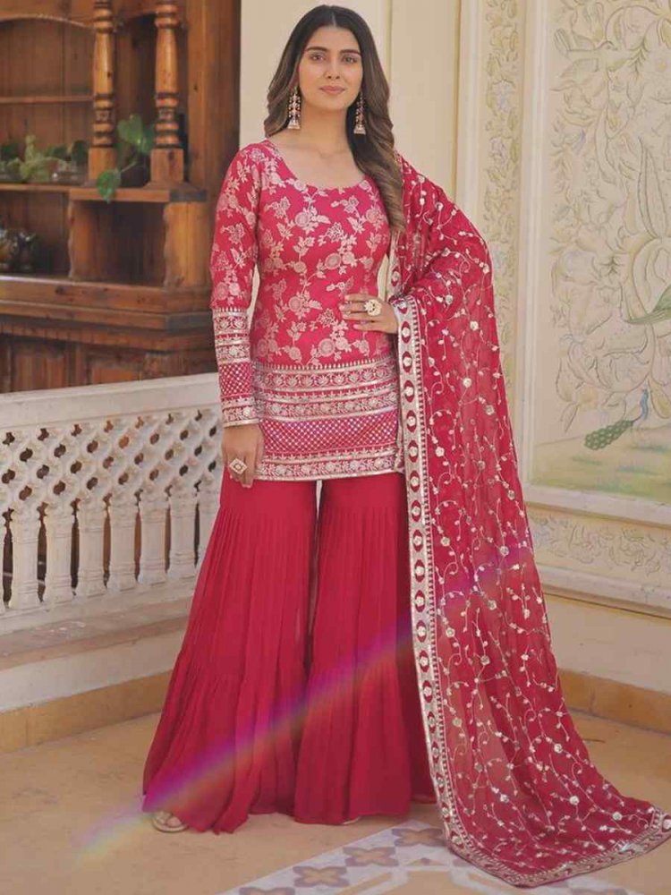 Rani Pink Viscose Jacquard Embroidered Festival Mehendi Ready Sharara Pant Salwar Kameez