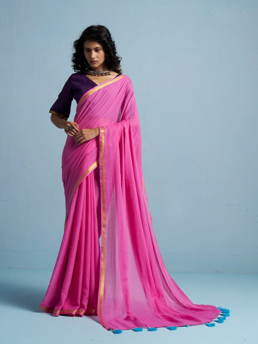 Rani Pink Viscose Plain Casual Party Festival Wedding Fancy Classic Style Sarees