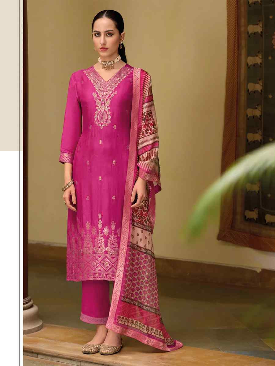 Rani Pink Viscose Self Jacquard Embroidered Festival Casual Ready Pant Salwar Kameez