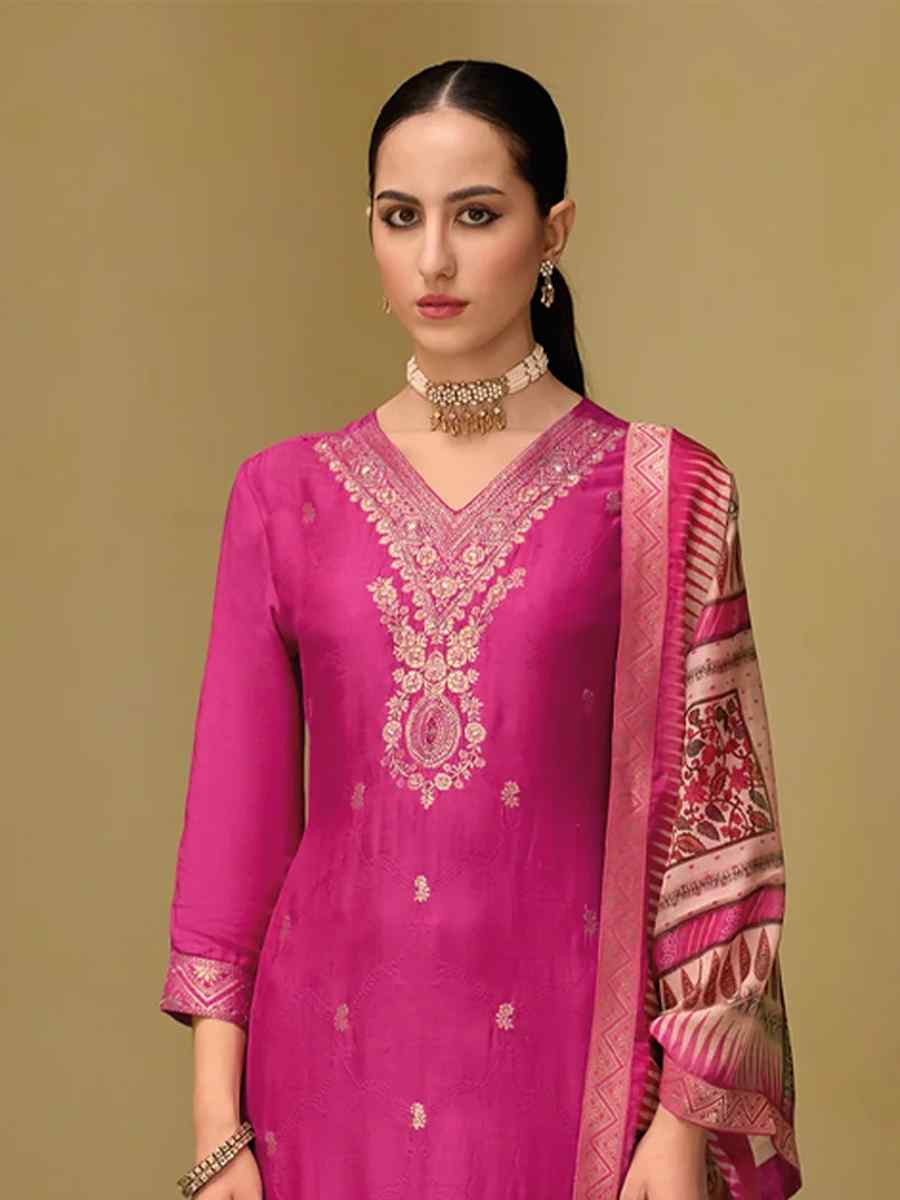 Rani Pink Viscose Self Jacquard Embroidered Festival Casual Ready Pant Salwar Kameez