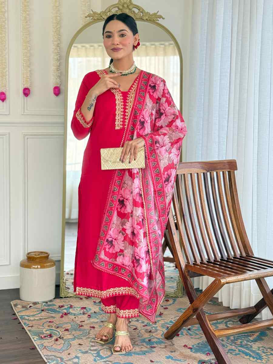 Rani Pink Viscose Slub Embroidered Festival Casual Ready Pant Salwar Kameez