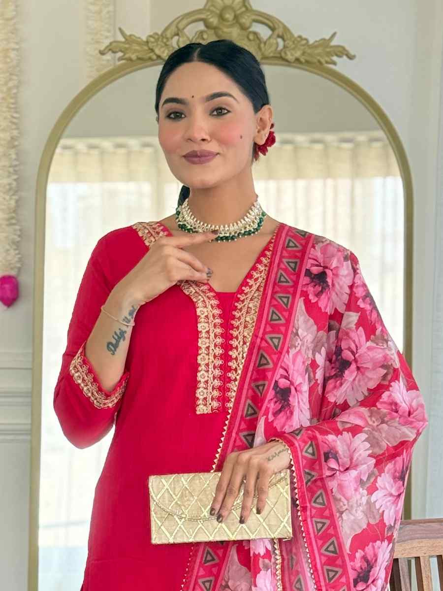 Rani Pink Viscose Slub Embroidered Festival Casual Ready Pant Salwar Kameez