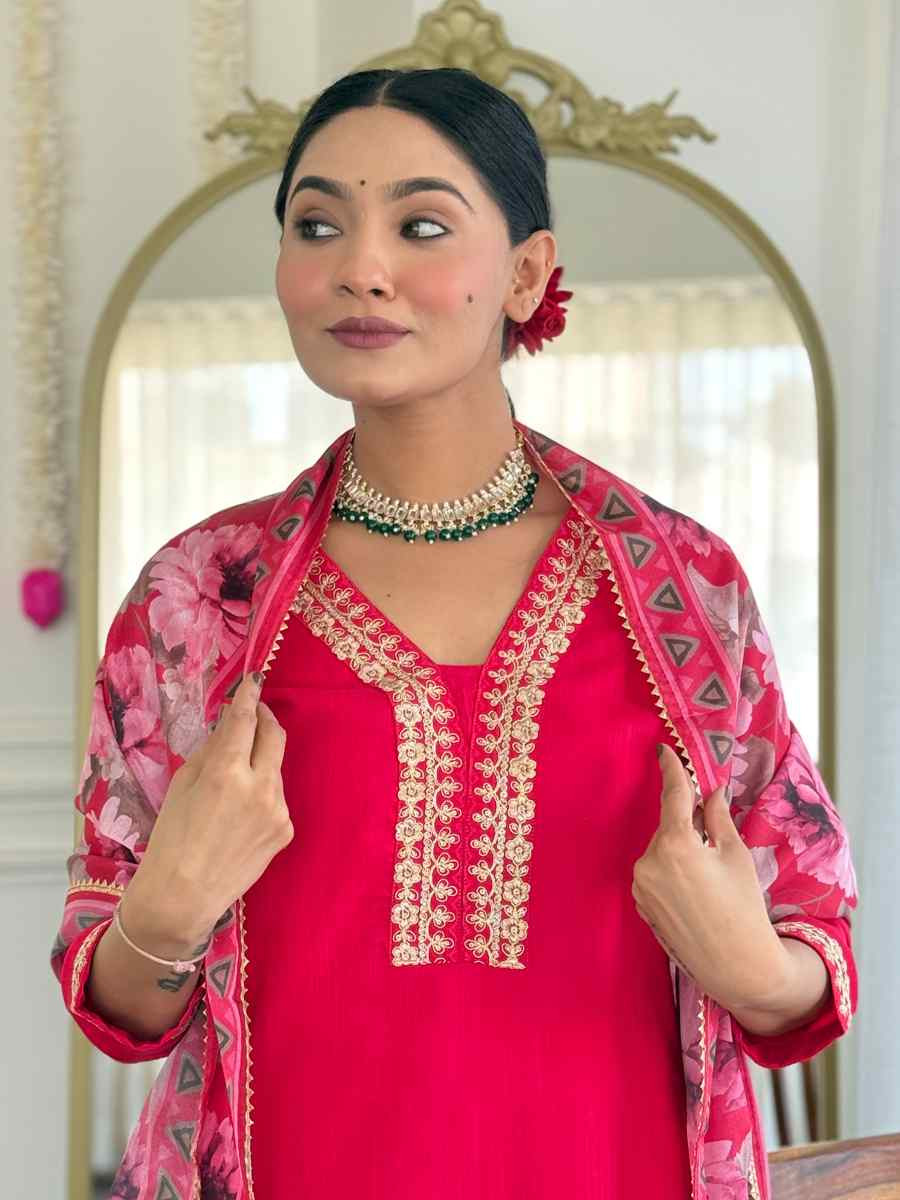 Rani Pink Viscose Slub Embroidered Festival Casual Ready Pant Salwar Kameez