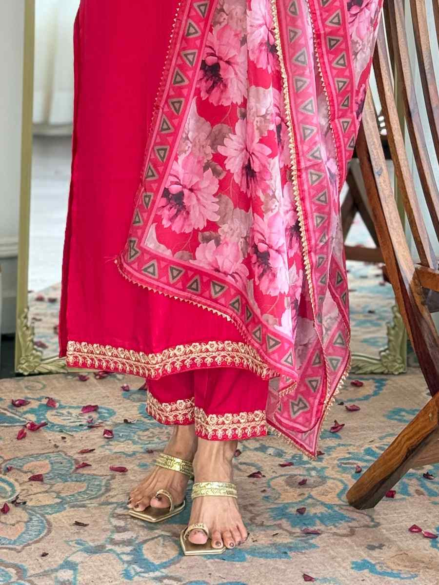 Rani Pink Viscose Slub Embroidered Festival Casual Ready Pant Salwar Kameez