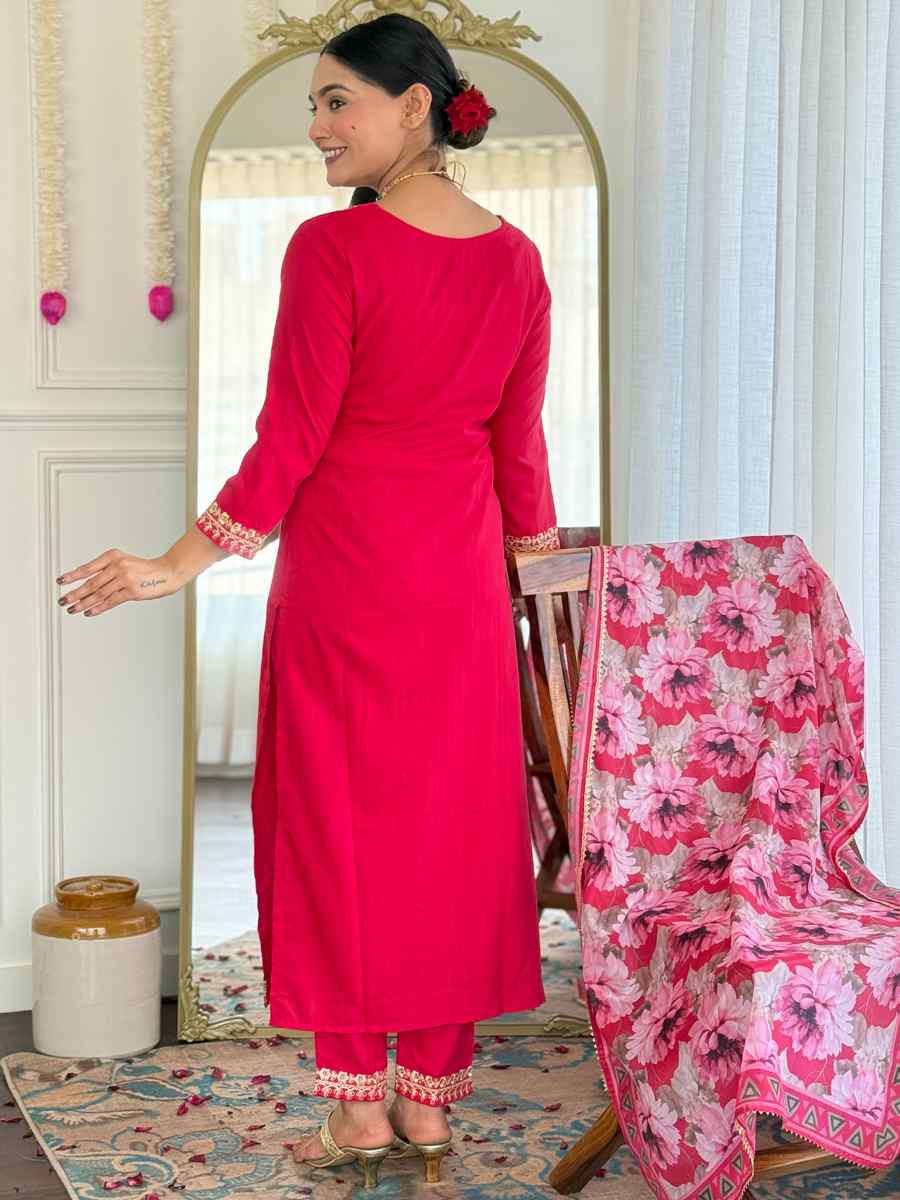 Rani Pink Viscose Slub Embroidered Festival Casual Ready Pant Salwar Kameez