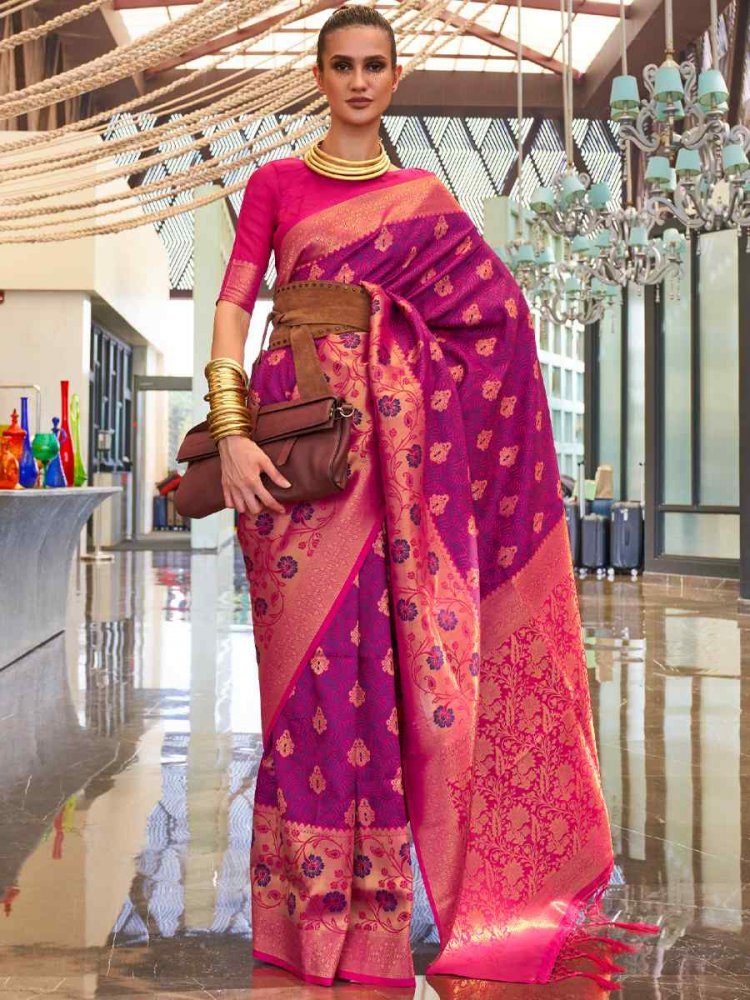 Rani Pink Weaving Silk Handwoven Wedding Festival Heavy Border Saree