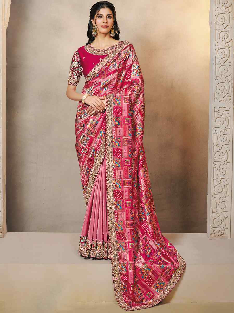 Rani Pure Gajji Jaquard Silk Embroidery Traditional Bridal Reception Festival Wedding Fancy Heavy Border Saree