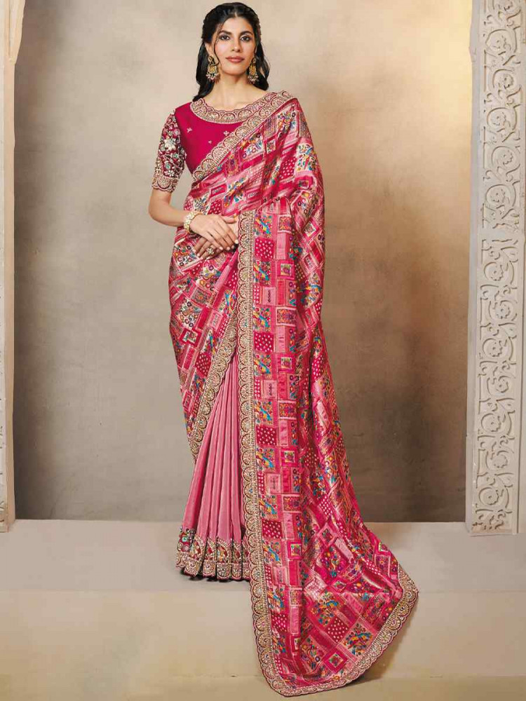 Image of Rani Pure Gajji Jaquard Silk Embroidery Traditional Bridal Reception Festival Wedding Fancy Heavy Border Saree