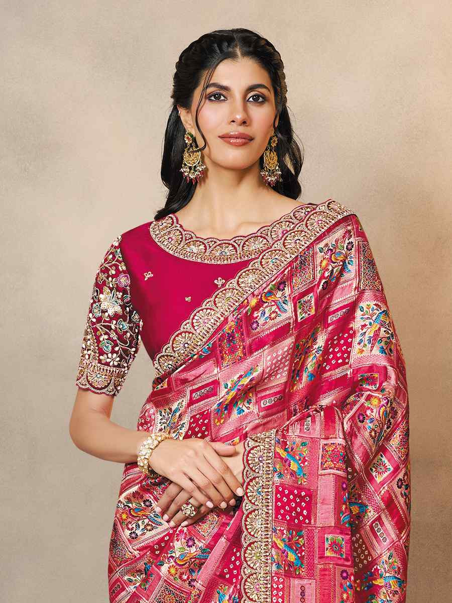 Rani Pure Gajji Jaquard Silk Embroidery Traditional Bridal Reception Festival Wedding Fancy Heavy Border Saree