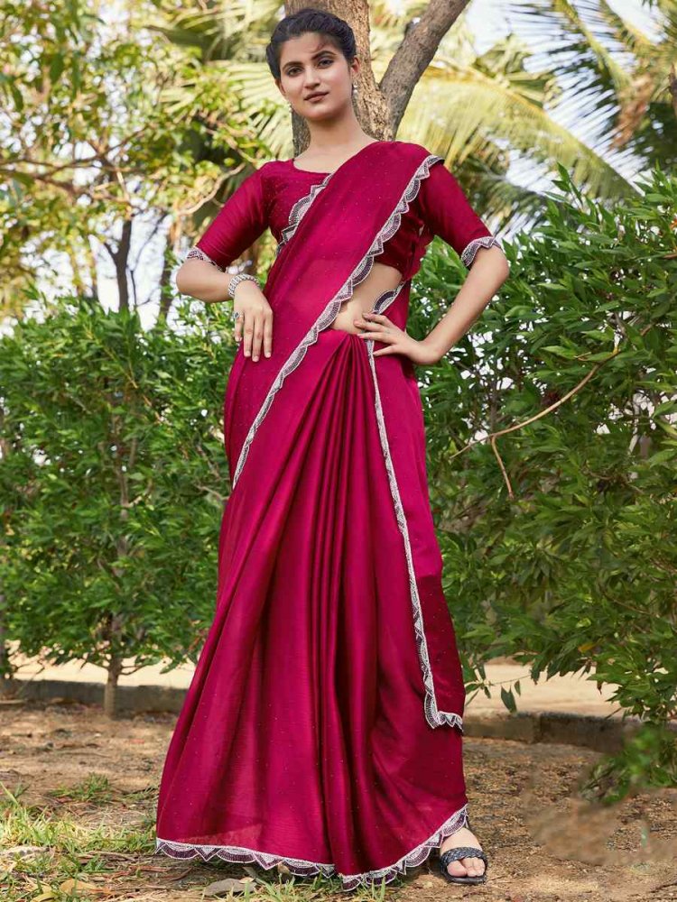 Rani Satin Silk Chiffon Embroidered Reception Party Classic Style Saree