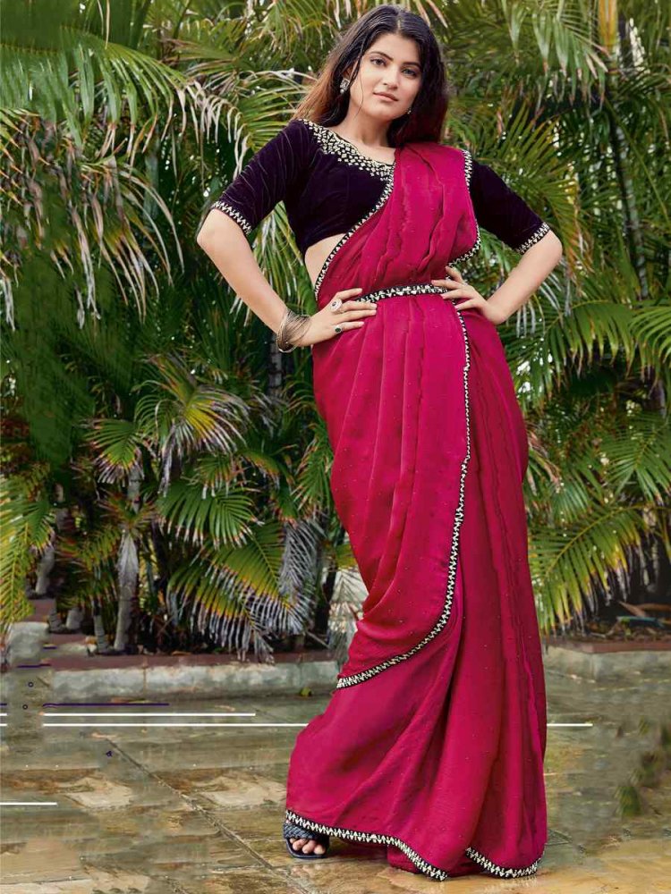 Rani Satin Silk Chiffon Embroidered Reception Party Classic Style Saree