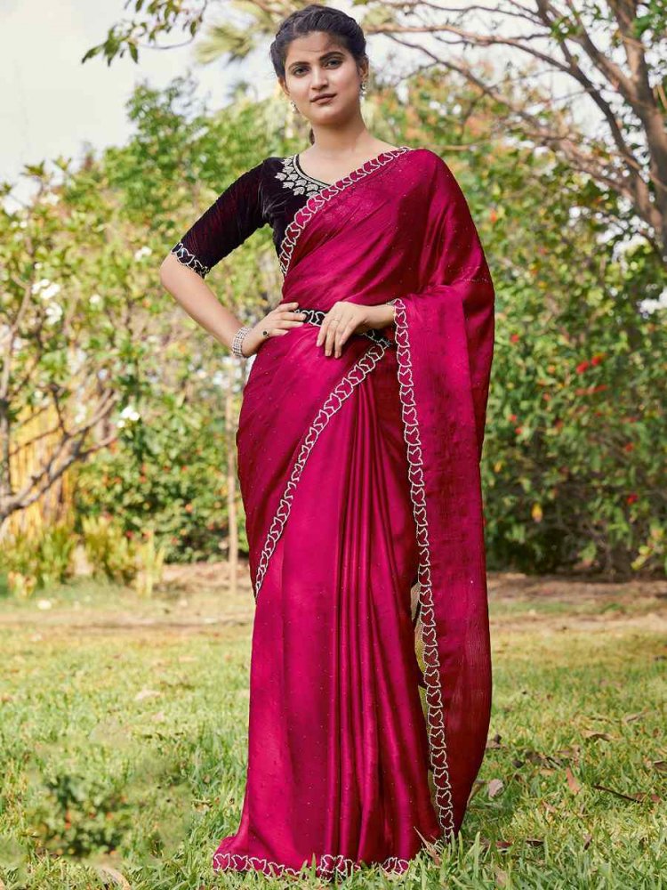 Rani Satin Silk Chiffon Embroidered Reception Party Classic Style Saree