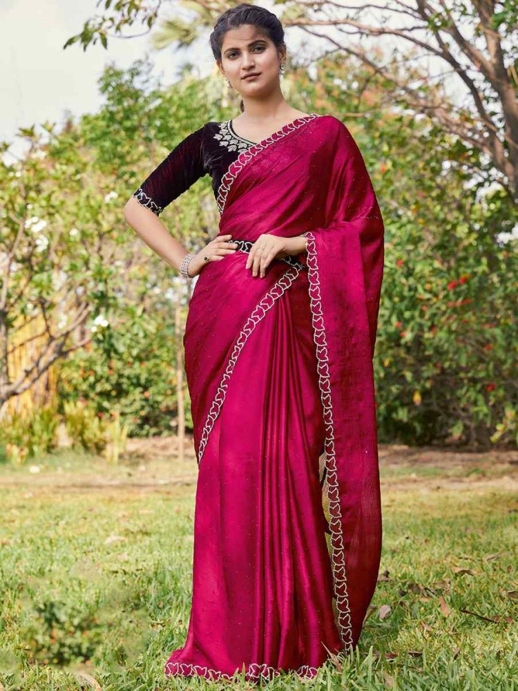 Rani Satin Silk Chiffon Embroidered Reception Party Classic Style Saree