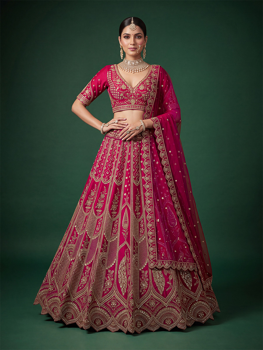 Rani Silk Embroidery Sequins Zari Wedding Reception Party Festival Bridal Heavy Border Lehenga Choli