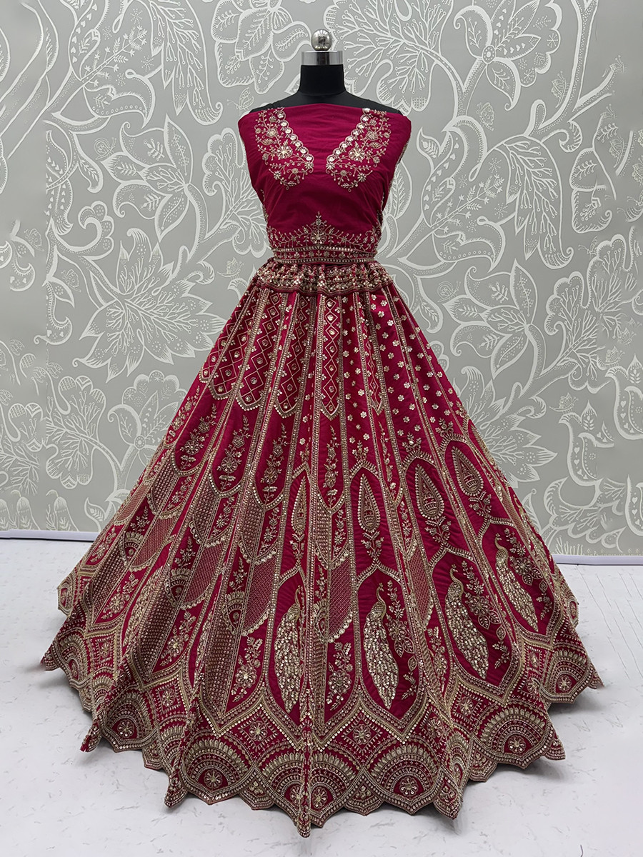 Rani Silk Embroidery Sequins Zari Wedding Reception Party Festival Bridal Heavy Border Lehenga Choli