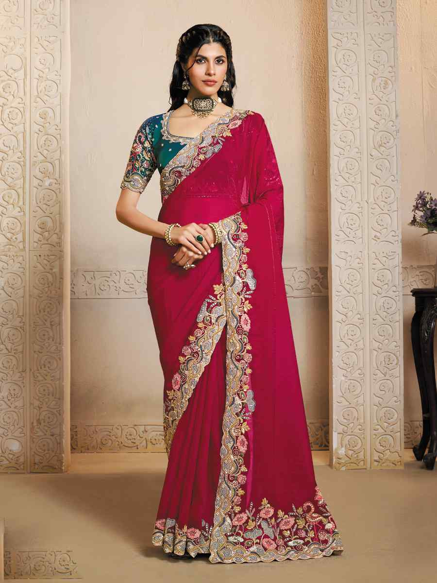Rani Two Tone Satin Silk Embroidery Traditional Bridal Reception Festival Wedding Fancy Heavy Border Saree